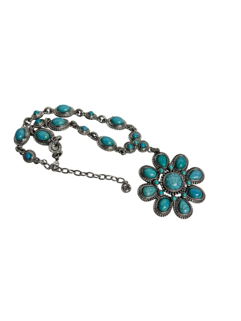 RJ Graziano Silver Tone And Faux Turquois Necklace With Flower Pendant (6321) - Picture 6 of 8